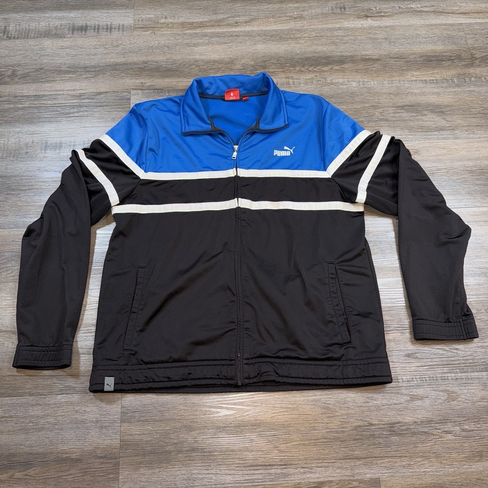 Puma Track Jacket Mens Large Windbreaker Black Blue White Full Zip Gym Workout